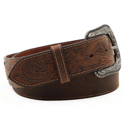 Ceinture western Twisted X marron en cuir avec motif floral et boucle interchangeable, zoom sur le tooling