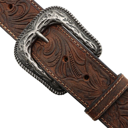 Ceinture western Twisted X marron en cuir avec motif floral et boucle interchangeable, zoom finition cuir