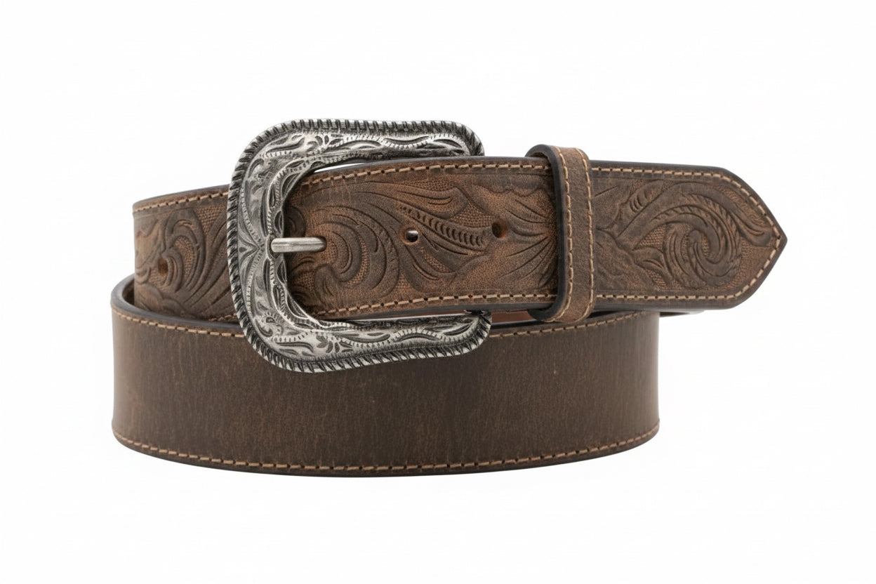 Ceinture western Twisted X marron en cuir avec motif floral et boucle interchangeable