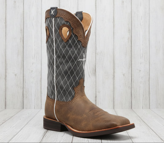 Bottes Western Homme Twisted X Ruff Stock Square Toe – Cuir Marron & Tige Gris-Bleu