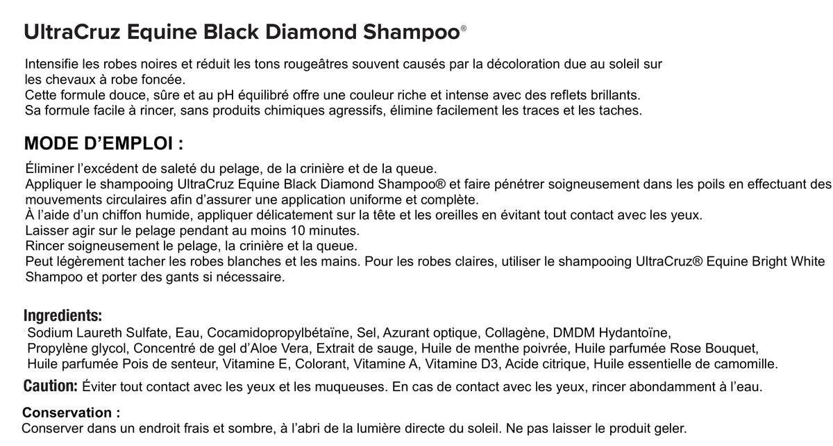 UltraCruz Equine Black Diamond – shampooing pour cheval à robe noire, composition et mode d'emploi 