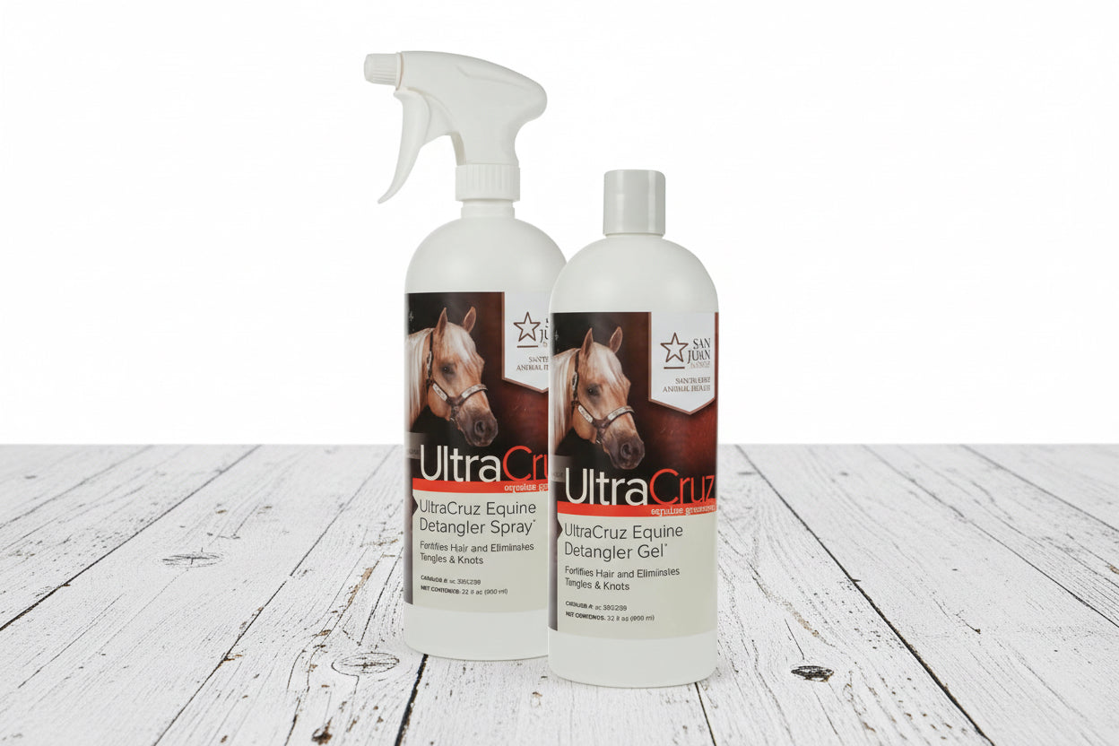spray démêlant pour crins de chevaux de l marque ultracruz, fait aux US 