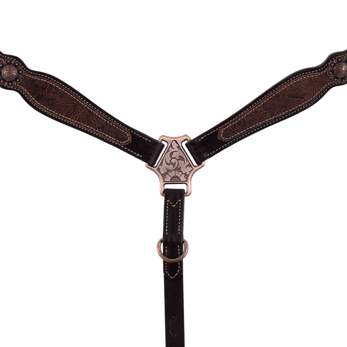 Poitrail western Weaver Equine en cuir anglais Havana, décoré d'un overlay floral marron et d'éléments floraux en finition cuivre antique, zoom sur le plastron 
