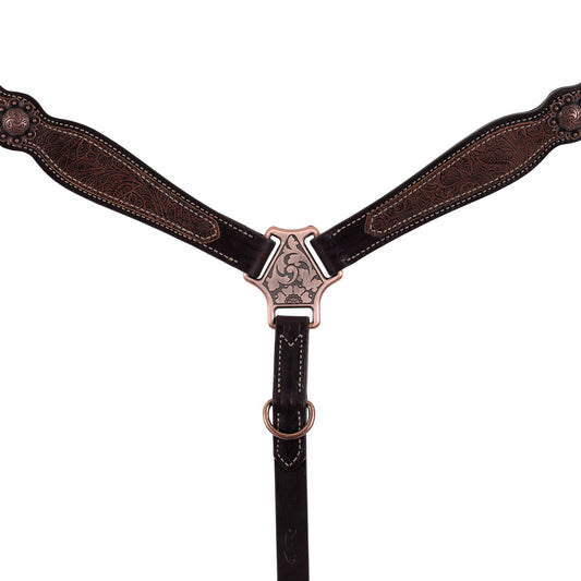 Poitrail western Weaver Equine en cuir anglais Havana, décoré d'un overlay floral marron et d'éléments floraux en finition cuivre antique, zoom sur le plastron 
