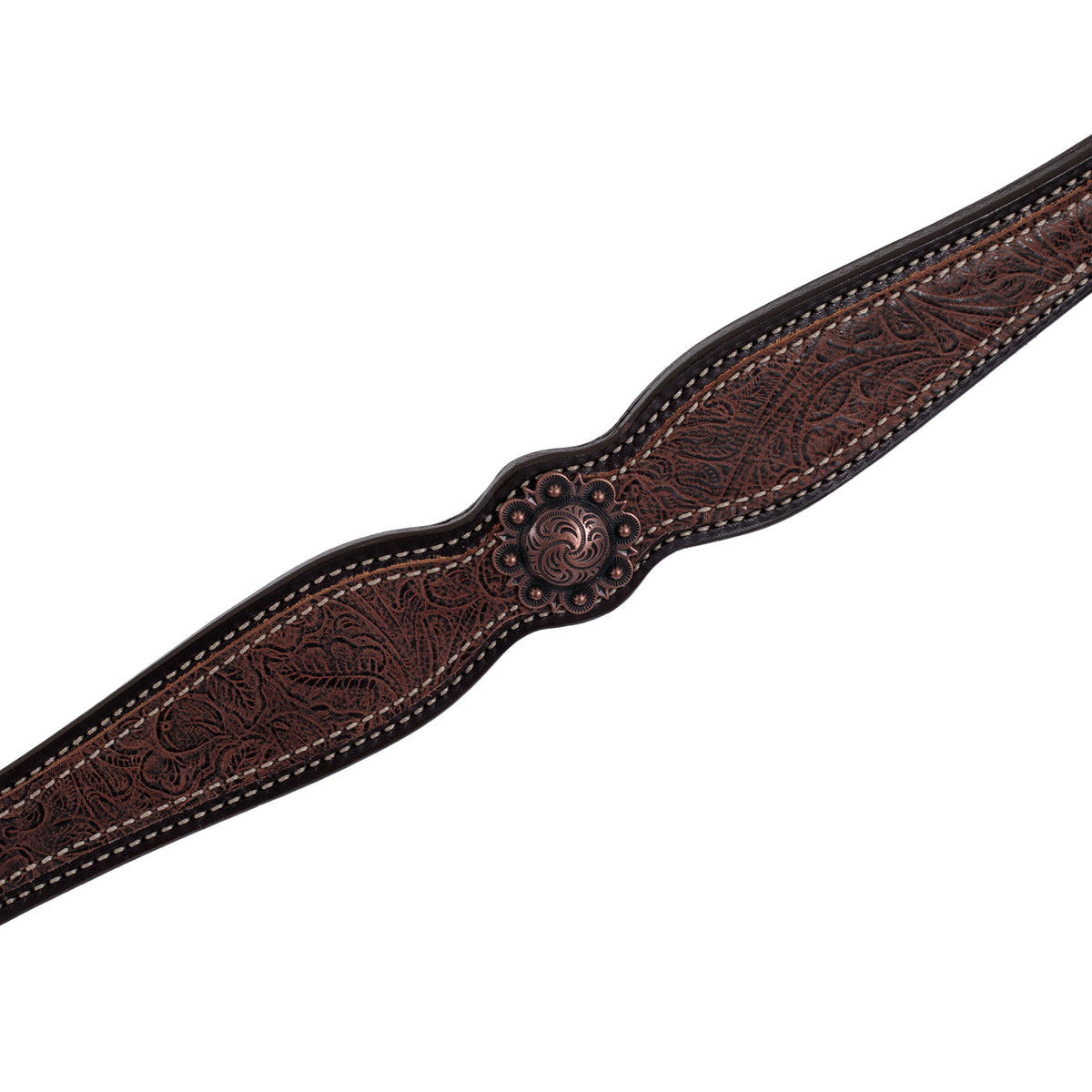 Poitrail western Weaver Equine en cuir anglais Havana, décoré d'un overlay floral marron et d'éléments floraux en finition cuivre antique, tooling