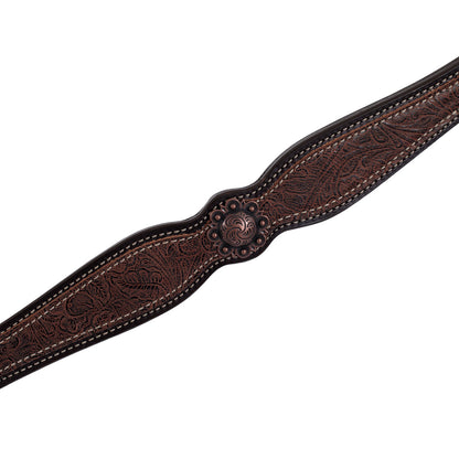 Poitrail western Weaver Equine en cuir anglais Havana, décoré d'un overlay floral marron et d'éléments floraux en finition cuivre antique, tooling