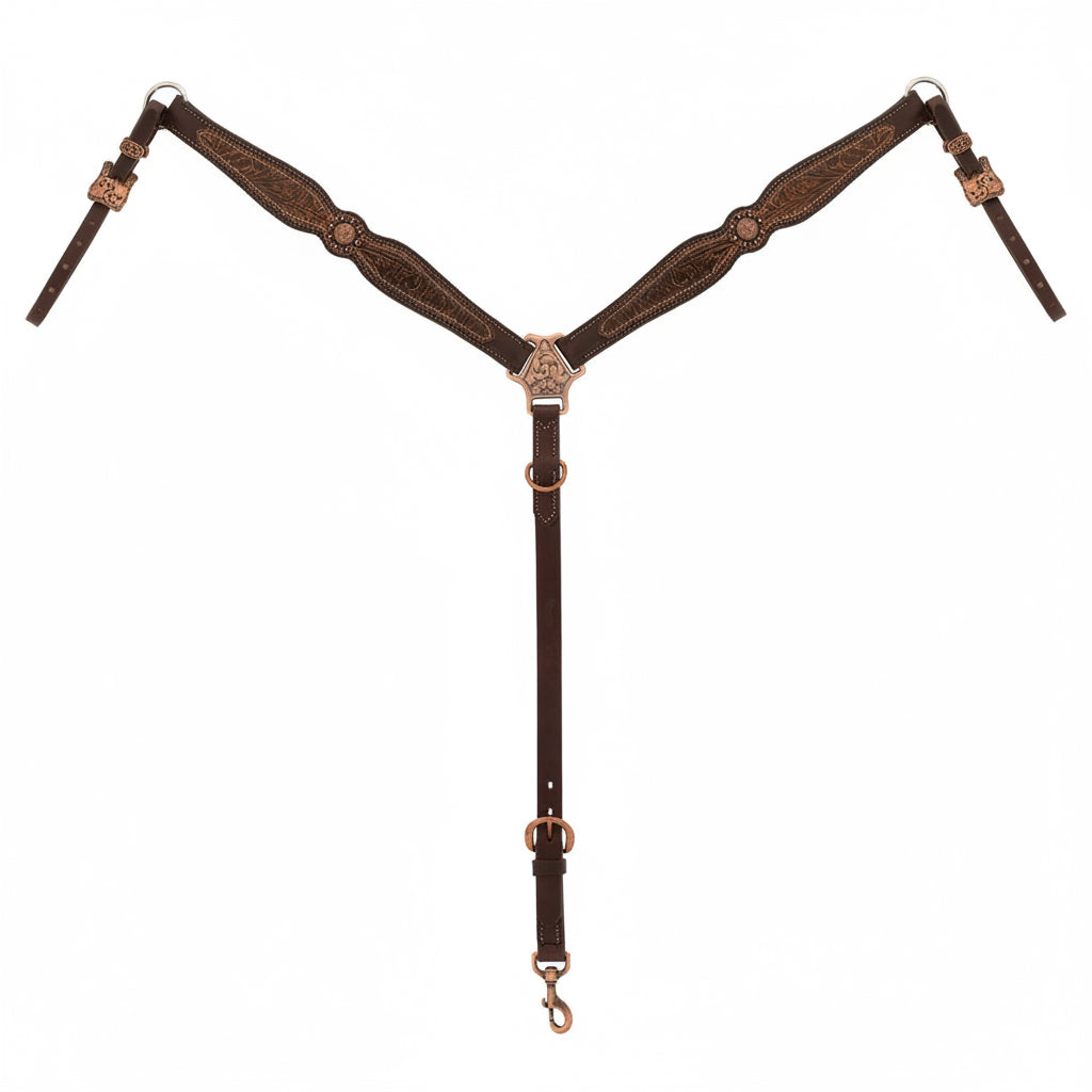 Collier de chasse western Weaver Equine en cuir anglais Havana, décoré d'un overlay floral marron et d'éléments floraux en finition cuivre antique.
