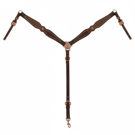 Collier de chasse western Weaver Equine en cuir anglais Havana, décoré d'un overlay floral marron et d'éléments floraux en finition cuivre antique.
