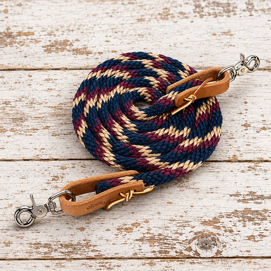 Rênes western Weaver Equine Poly Roper en corde poly avec mousquetons à ciseaux et passants en cuir, couleur navy, sable et burgundy 