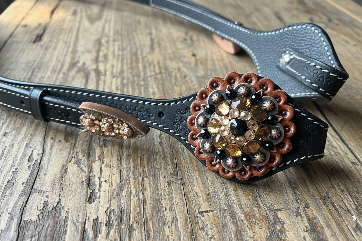 Bride de show noire a strass et conchos ambre